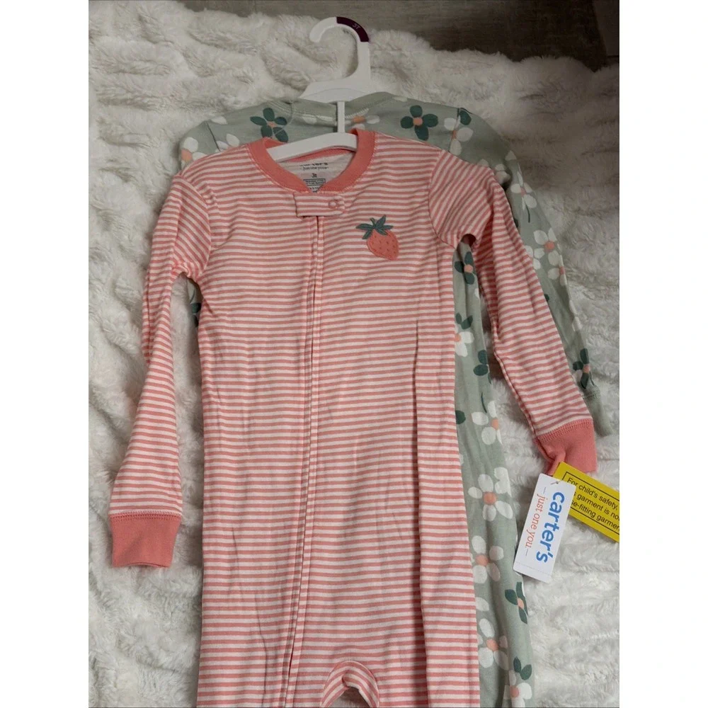 NWT Carter's Girls 2-Piece Cotton Long Sleeve Footed Zip One Piece Sleepers 3T